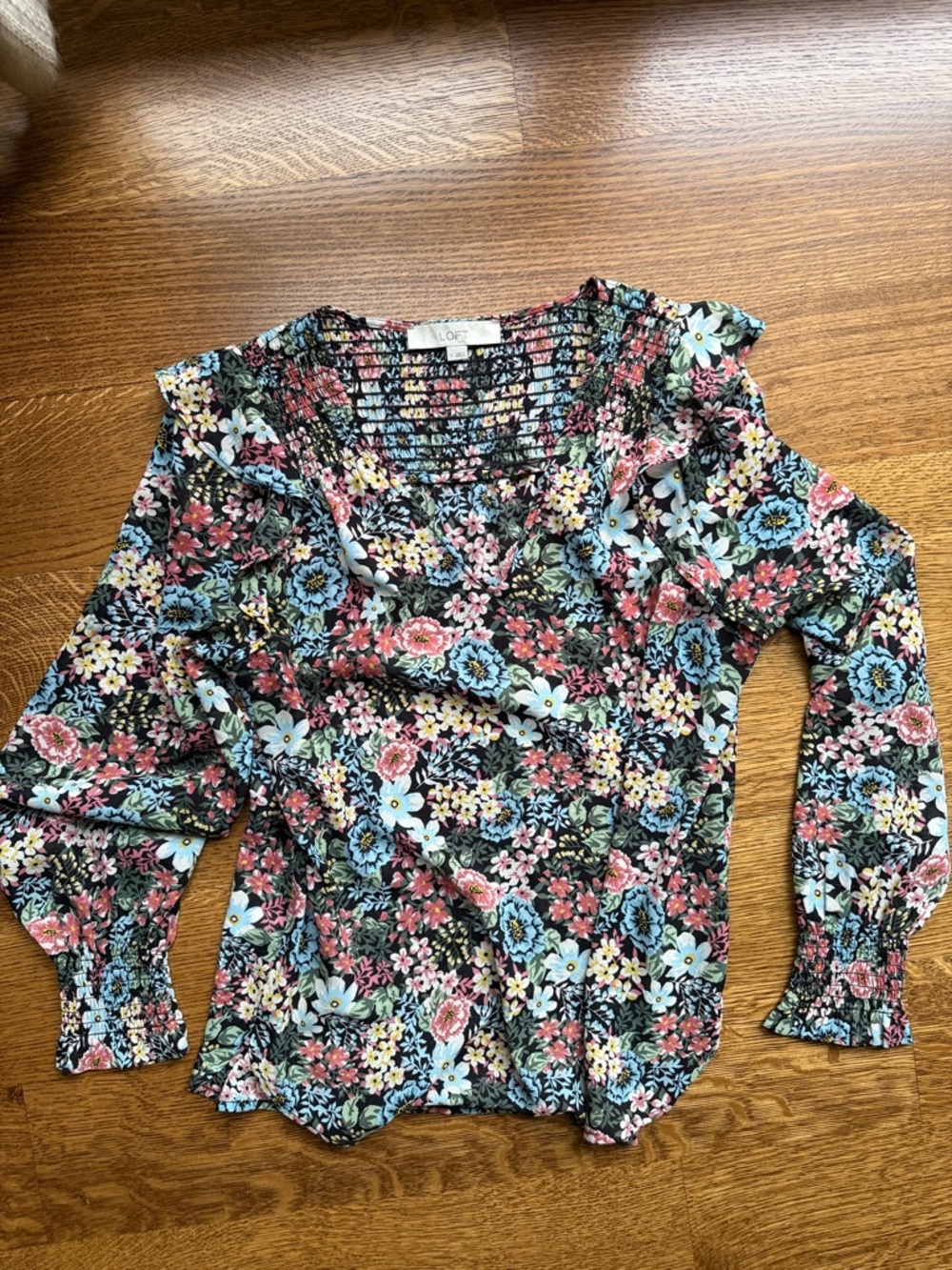 Loft Floral Ruffle V-Neck Blouse - Black Multi